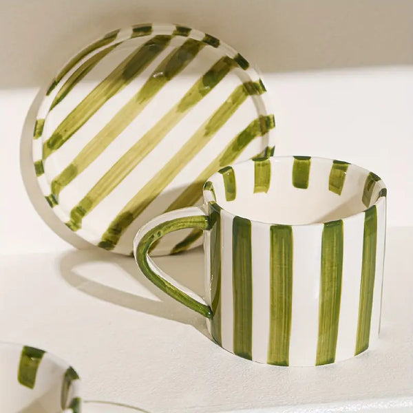 Ceramic Striped Coffee Mug Set | Green